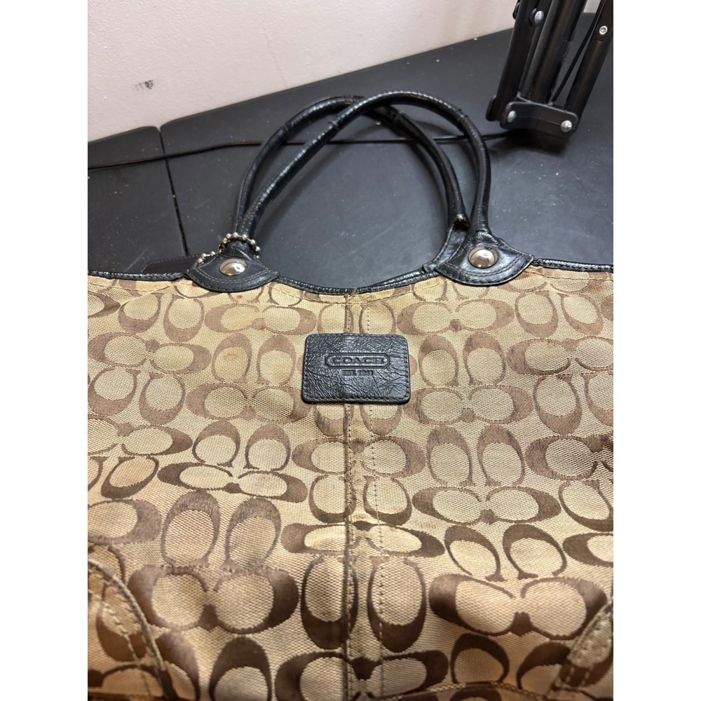 Coach Signature Gallery Tote Khaki Black Jacquard Leather Shoulder Bag F14385